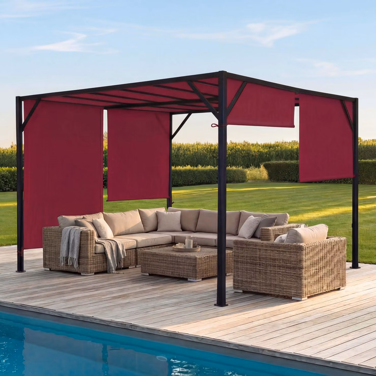 Pergola Beja, gazebo da giardino con copertura per terrazza, robusto telaio in acciaio da 6 cm + tetto scorrevole rosso bordeaux ~ 4x4 m