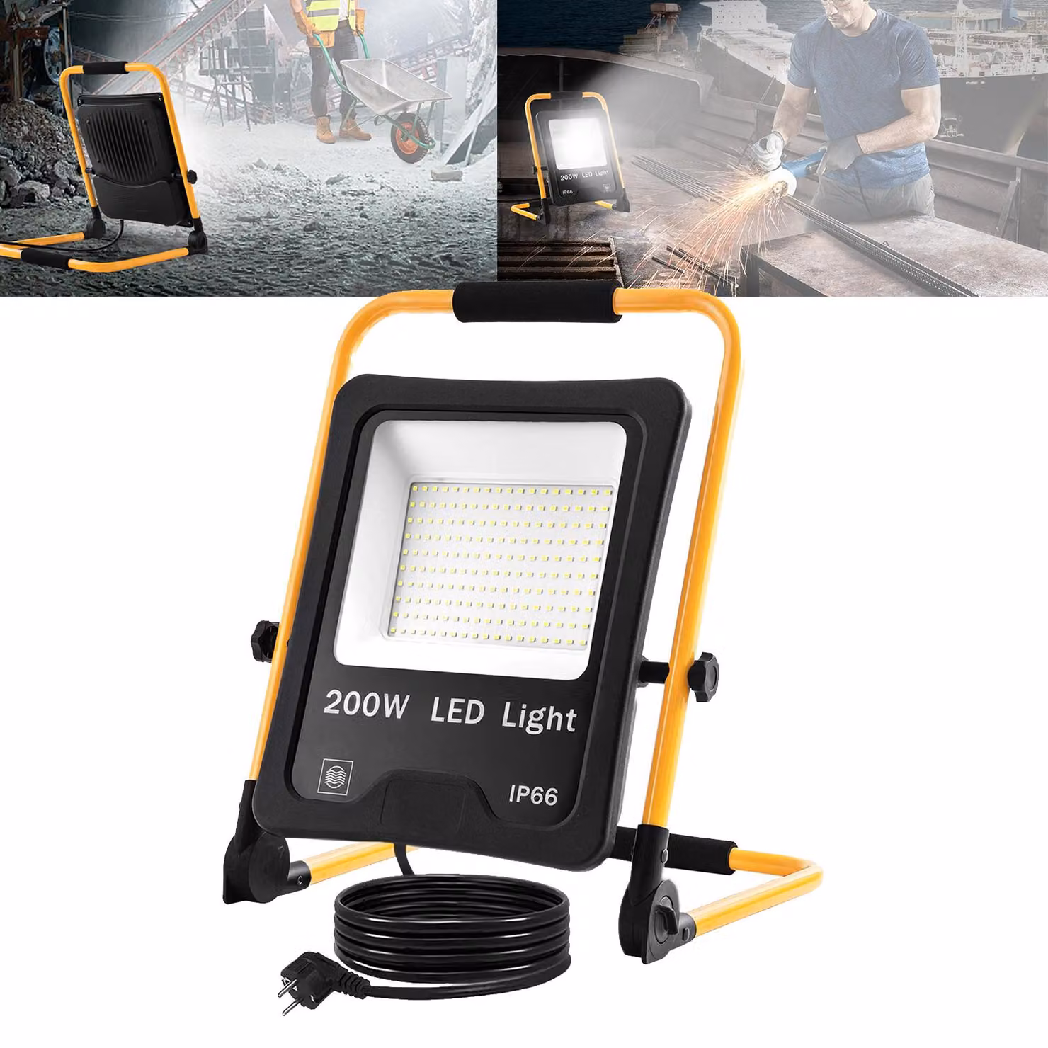 VA-Cerulean, faretto da cantiere a LED, 200W, 6000–6500 K, luce bianca fredda, grado di protezione IP66, cavo da 3 metri, base e maniglia per il trasporto, adatto per interni ed esterni