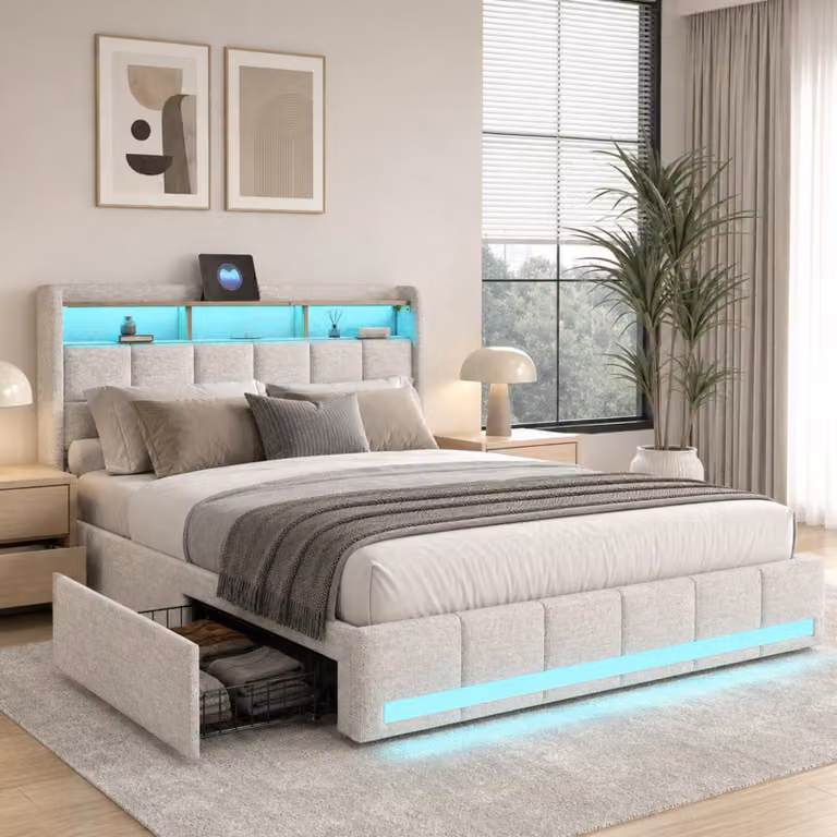 Letto imbottito INONEFT, 180x200 cm, con 4 cassetti, letto per ragazzi/coppie con LED e porte USB/Type-C, struttura letto con contenitore e rete a doghe, colore: lino, beige