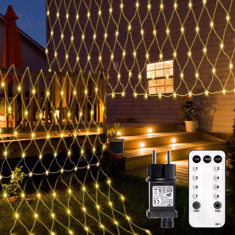 Rete luminosa a LED, dimensioni 3x2 metri, 216 LED bianco caldo, 8 modalità, timer