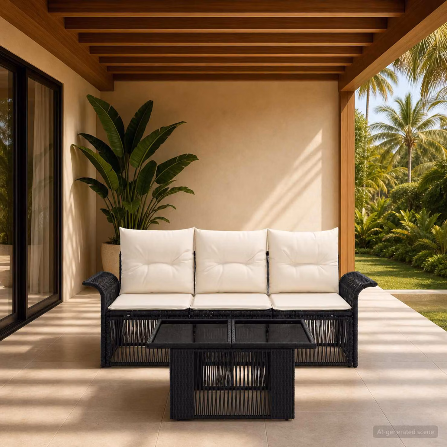 Set Divano da Giardino vidaXL 4 Pezzi in Polyrattan Nero e Bianco Crema con Cuscini e Tavolino da Esterno