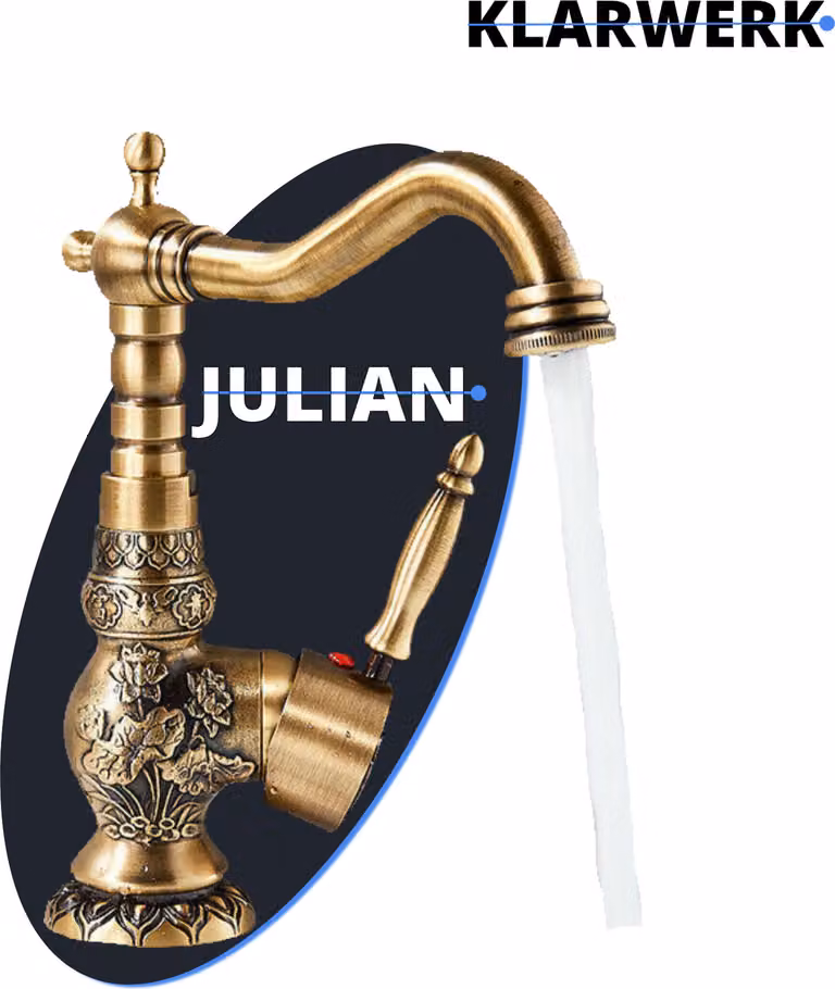 JULIAN | Rubinetto alto da bagno vintage in ottone dorato | Miscelatore retrò in acciaio inox per lavabo freestanding | Rubinetto da bagno gourmet