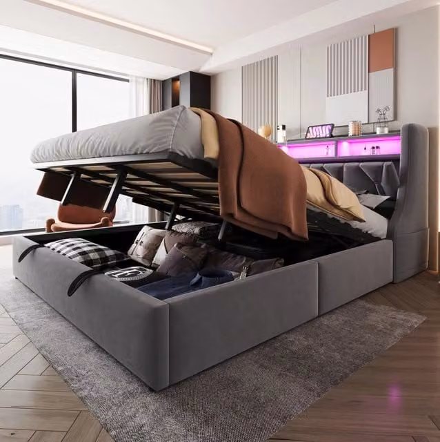 Letto imbottito 180x200 cm con contenitore idraulico; testiera ribaltabile; LED; USB e Type-C; grigio