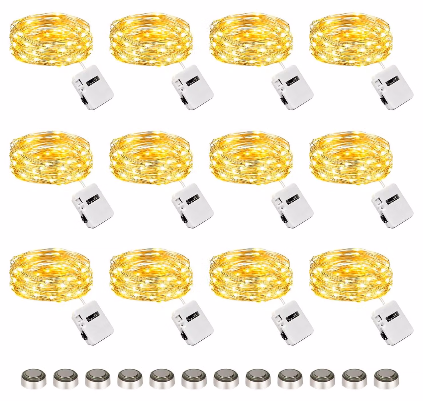 Catena luminosa a LED, 12 luci, 2 metri, 20 LED bianco caldo, alimentazione a batteria