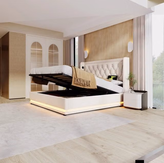 Letto imbottito contenitore beige 160 x 200 cm con materasso, LED e ricarica USB Tipo-C