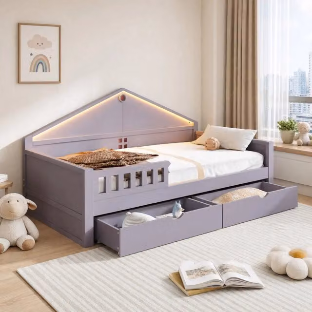 Letto singolo 90x200 cm in legno con cassetti e illuminazione LED controllabile via smartphone, grigio