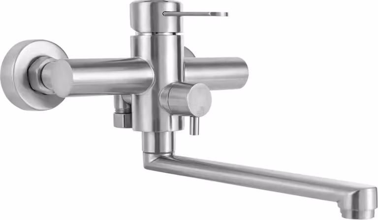 Rubinetto da cucina/rubinetto da cucina - Montaggio a parete - Acciaio inossidabile 304 - Nucleo valvola in ottone - Orientabile a 360° - Miscelatore monocomando caldo/freddo - Doccetta - Argento