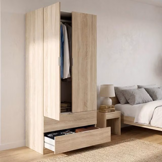 Armadio DMORA per camera da letto con 2 ante e 2 cassetti, Rovere, L: 81,5 cm, P: 52 cm, H: 180 cm