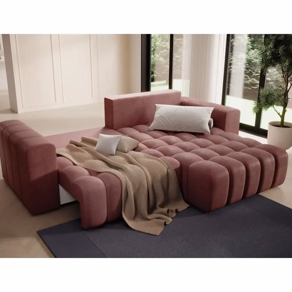 Divano angolare trasformabile DORY MEUBLORAMA rosa con vano contenitore e funzione letto, angolo destro, L 250 cm x P 175 cm x H 92 cm – 2