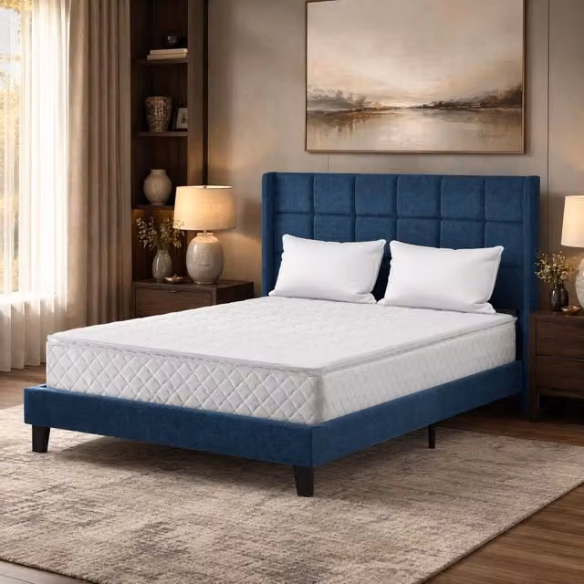 Letto imbottito con testiera; rete a doghe; 140x200 cm; lino blu