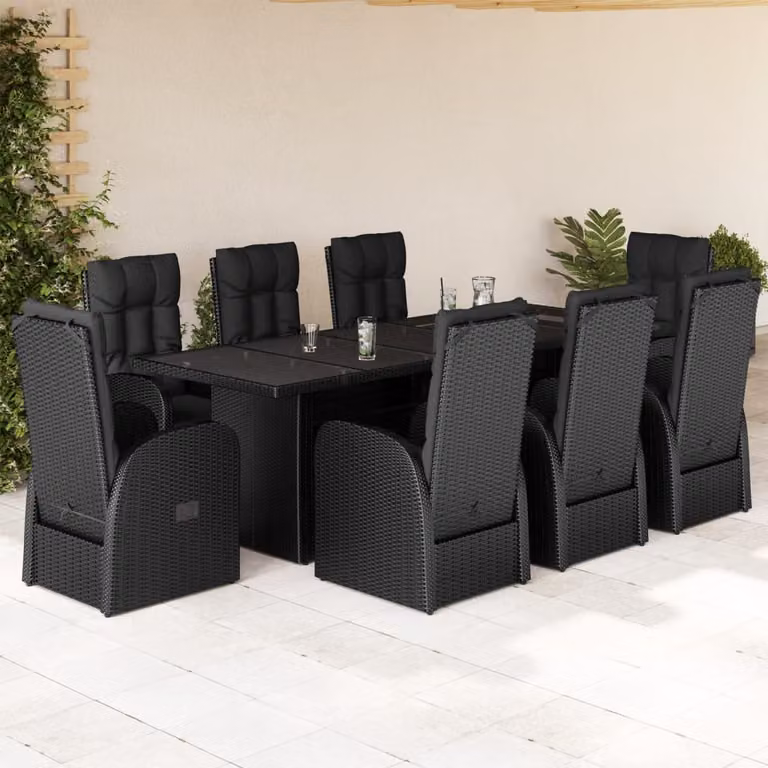 Set da Pranzo da Giardino vidaXL in Polyrattan Nero con Cuscini e Tavolo in Vetro, 9 Pezzi