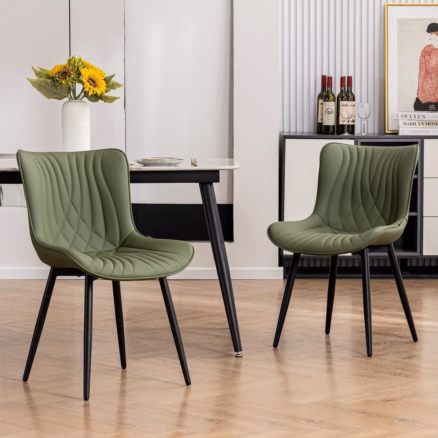 Set di 2 sedie da pranzo, rivestite in ecopelle, colore verde oliva, capacità di carico di 136 kg