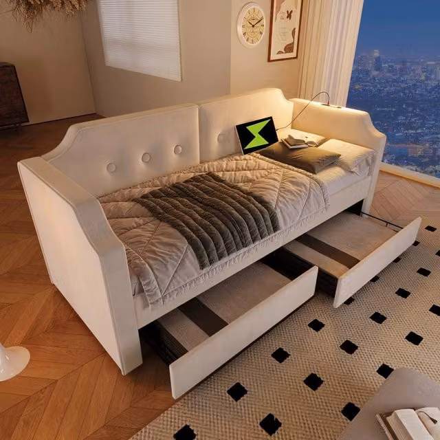 Letto imbottito Minimal beige in velluto con cassetti, rete a doghe in legno, illuminazione LED e porta USB, 90x200 cm – 1