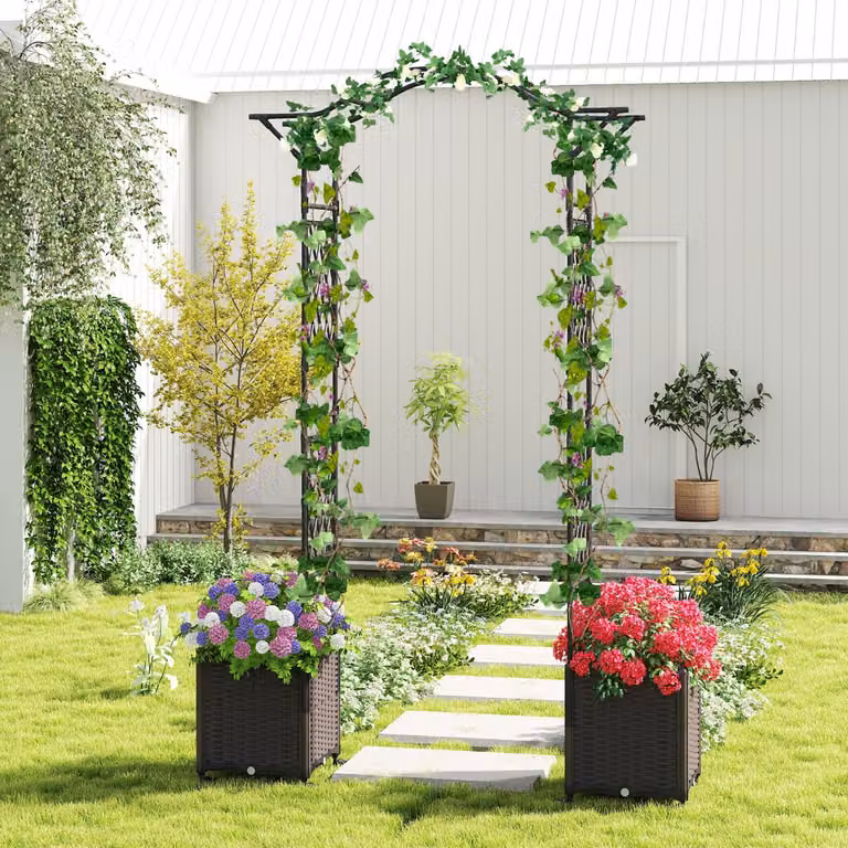 Arco da giardino in metallo Costway con 2 fioriere auto-irriganti e ruote per rose e viti, Nero