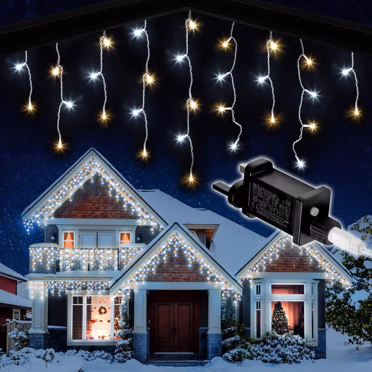 Catena luminosa a LED a forma di ghiacciolo, 360 LED, 10 metri, luce bianco caldo/bianco freddo, timer, 8 modalità