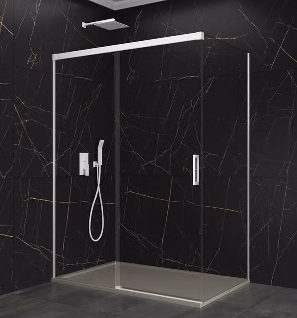 Box doccia angolare rettangolare BASI con vetro trasparente e profili bianchi, L/P: 140 x 90 cm