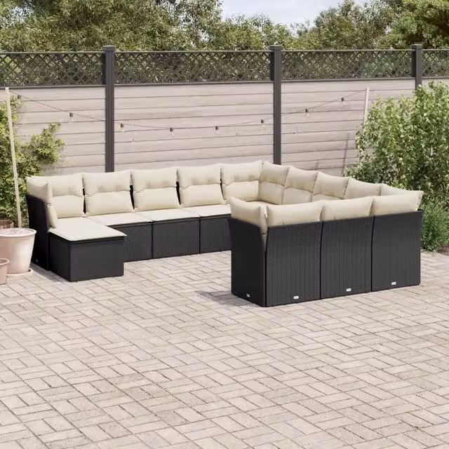 vidaXL Set di Divani da Giardino a Forma di U in Polyrattan Nero con Cuscini Imbottiti e Coperture Rimosse – 1
