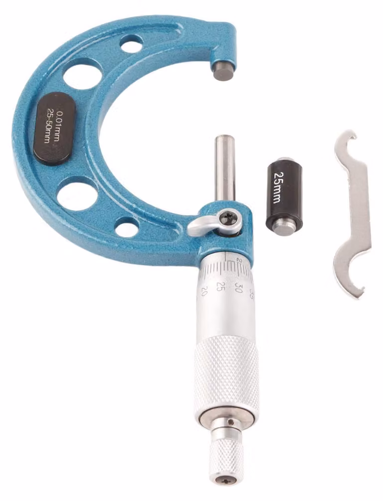 Micrometro esterno, precisione 0,01 mm, in acciaio inossidabile, con vite di misurazione a ganasce, range 25-50 mm, confezionato in scatola di plastica, completo di chiave. Strumento di misurazione
