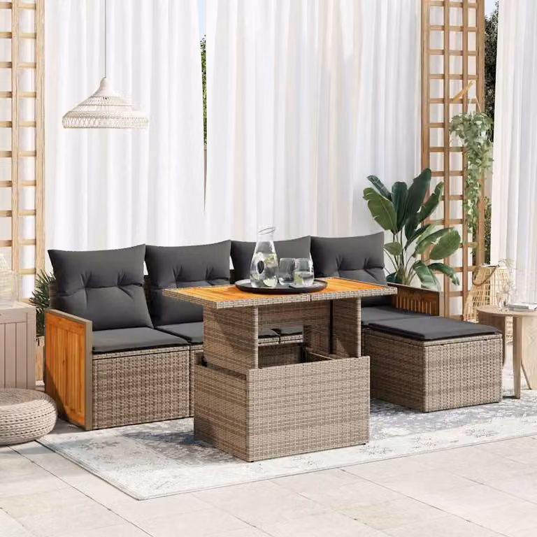 Set Divano da Giardino vidaXL a Forma di L in Polyrattan e Legno di Acacia Grigio con 6 Pezzi e Cuscini