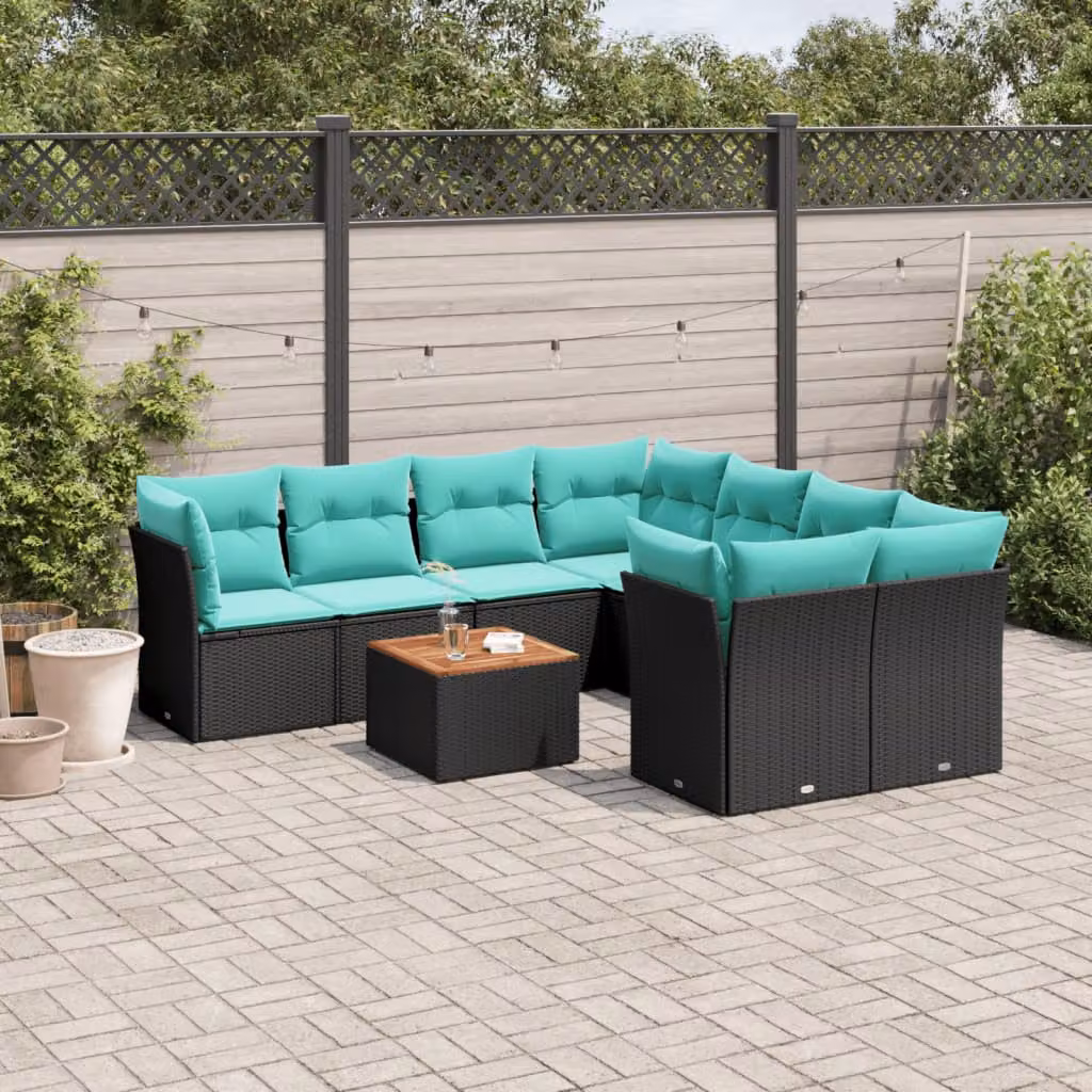 Set di divani da giardino vidaXL in polyrattan nero con cuscini e tavolino da esterno a forma di U