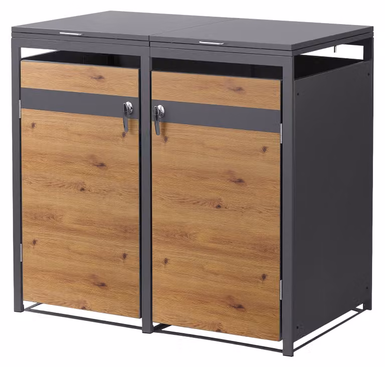 Contenitore per bidoni della spazzatura ML-Design, modello a 2 scomparti, per 2 bidoni da 240 litri, dimensioni 132x80x120 cm, finitura effetto legno antracite, acciaio, resistente agli agenti atmosferici/con chiusura a chiave