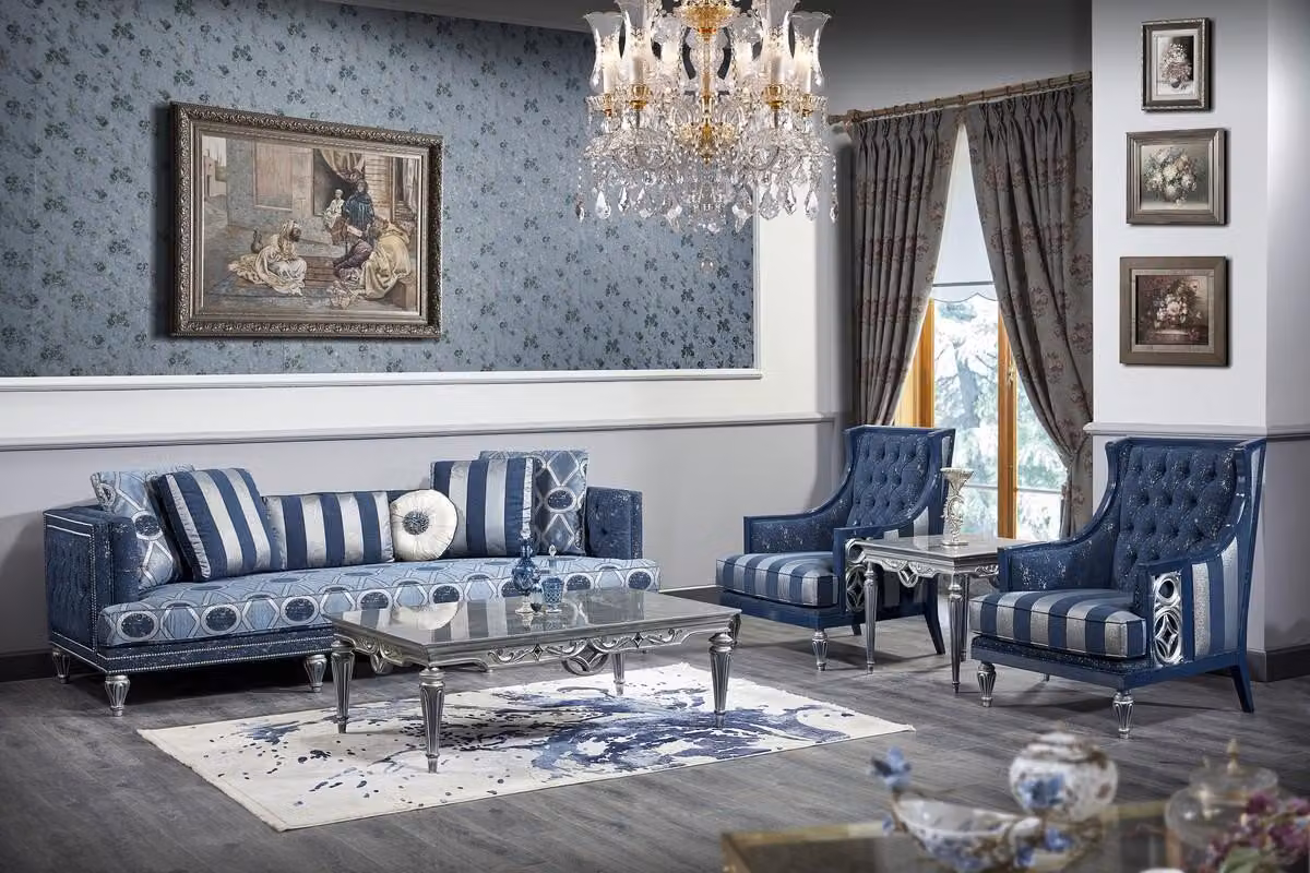 Casa Padrino set da salotto barocco blu scuro / blu chiaro / argento - Divano & 2 poltrone & tavolino - Mobili da salotto barocchi