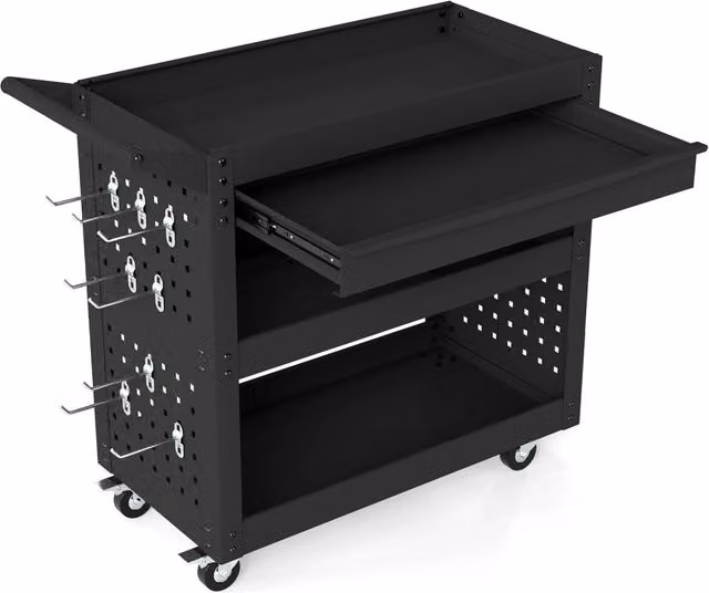 Carrello portautensili DESIGN IN in metallo nero con 3 ripiani, cassetto grande, 2 pannelli forati e 8 ganci, dotato di ruote e sistema di chiusura con serratura per garage e officina – 1