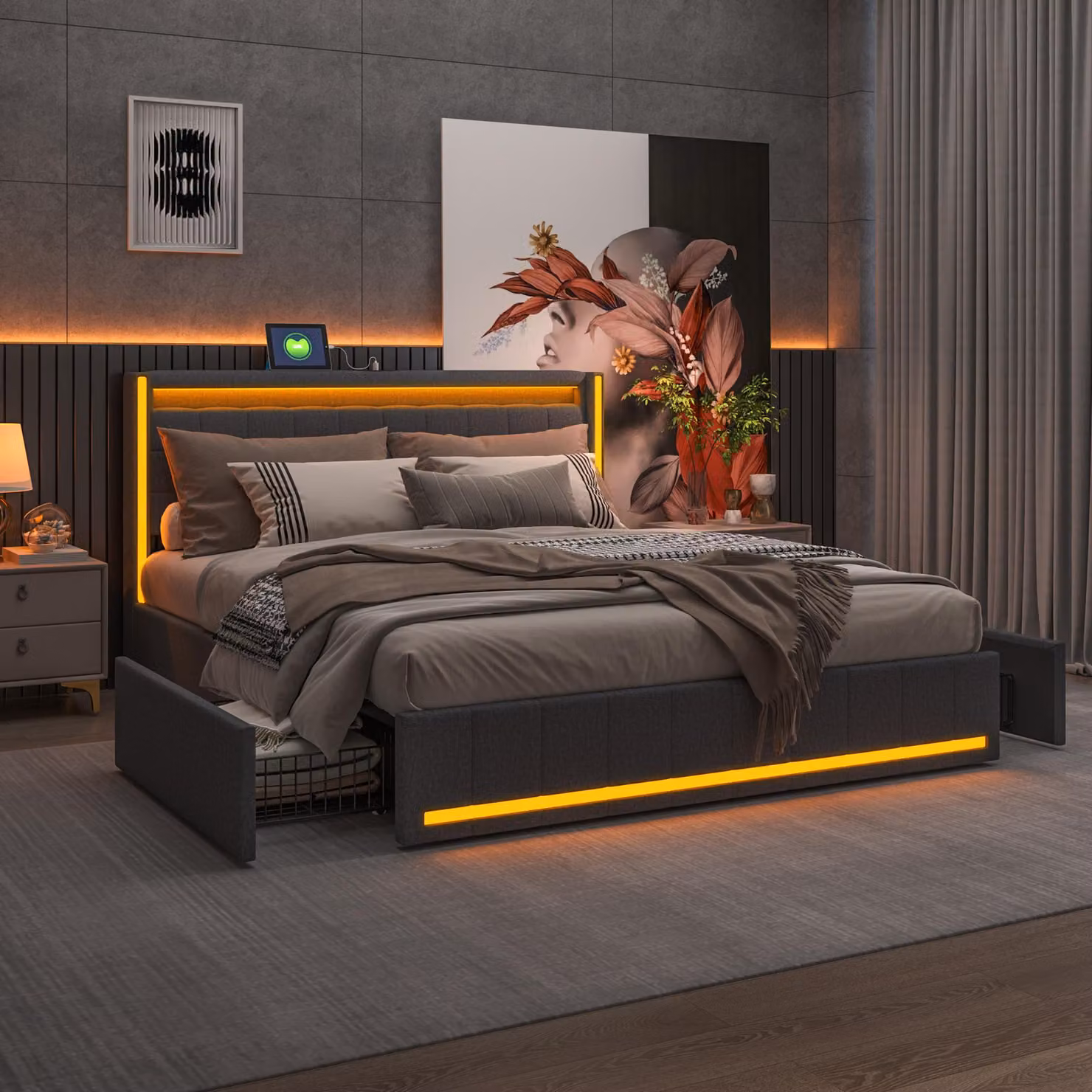 Letto 140x190 cm, tessuto in lino grigio, 4 cassetti, LED RGB, USB/Type-C, testiera illuminata