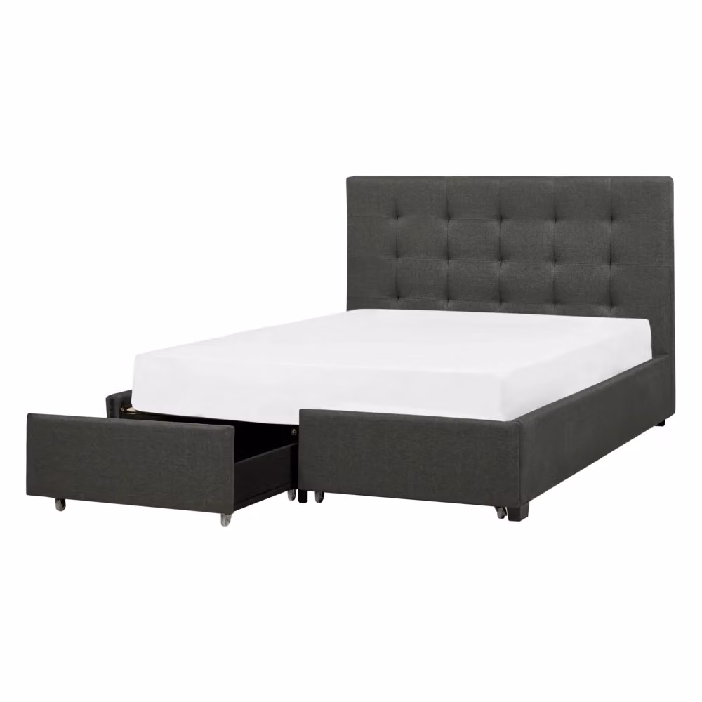 Letto contenitore matrimoniale Beliani imbottito in tessuto grigio con cassetti e rete a doghe L/P/H: 140 x 200 x 153 cm – 2