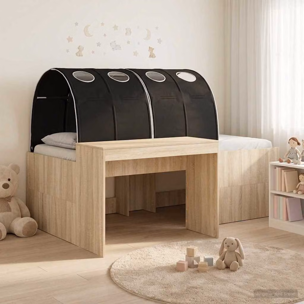vidaXL Letto alto per bambini con scrivania 3 pezzi in legno Rovere e Nero L: 193 cm, P: 120 cm, H: 133,5 cm