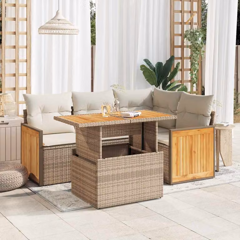 Set Divano da Giardino a L vidaXL in Polyrattan e Legno di Acacia con 5 Pezzi e Cuscini Beige