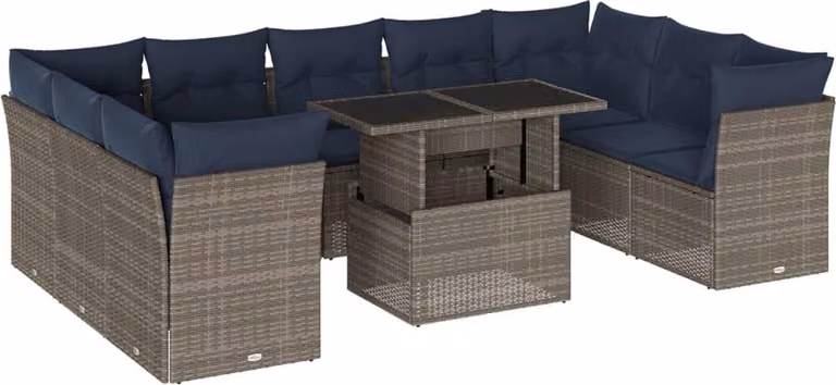 Set Divani da Giardino 10 pz con Cuscini Grigio in Polyrattan