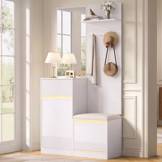 Armadio da ingresso REDOM moderno con specchio, illuminazione LED e appendiabiti, bianco opaco, L: 105 cm, P: 38 cm, H: 190 cm – 1