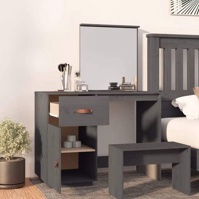 The Living Store Comodino grigio 95x50x134 cm in legno di pino massiccio