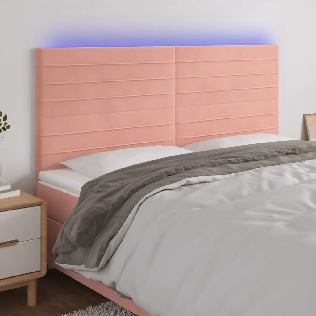 Testiera con illuminazione LED e porta di ricarica USB in velluto rosa, L: 200 cm, P: 5 cm, H: 118/128 cm – 2
