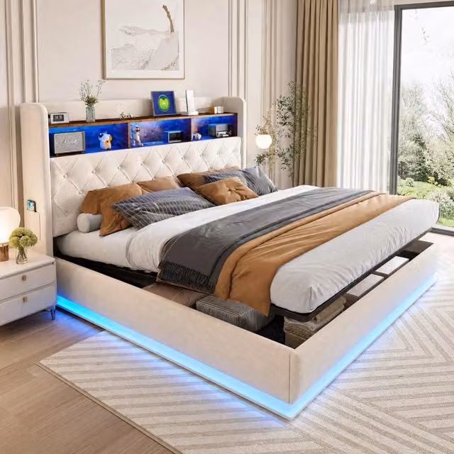 Letto matrimoniale imbottito LED 180x200 cm con USB e contenitore idraulico