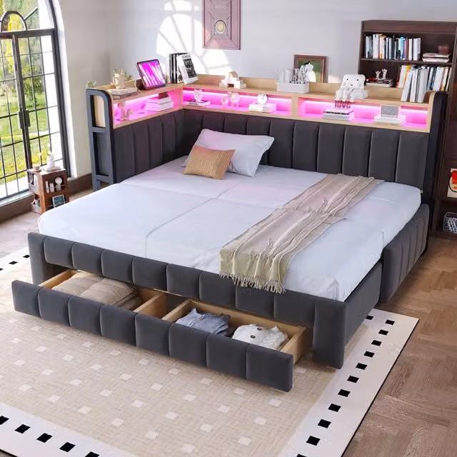 Letto imbottito contenitore ¨C Minimal ¨C Grigio scuro velluto 90x200 estraibile 180x200 con LED cassetti