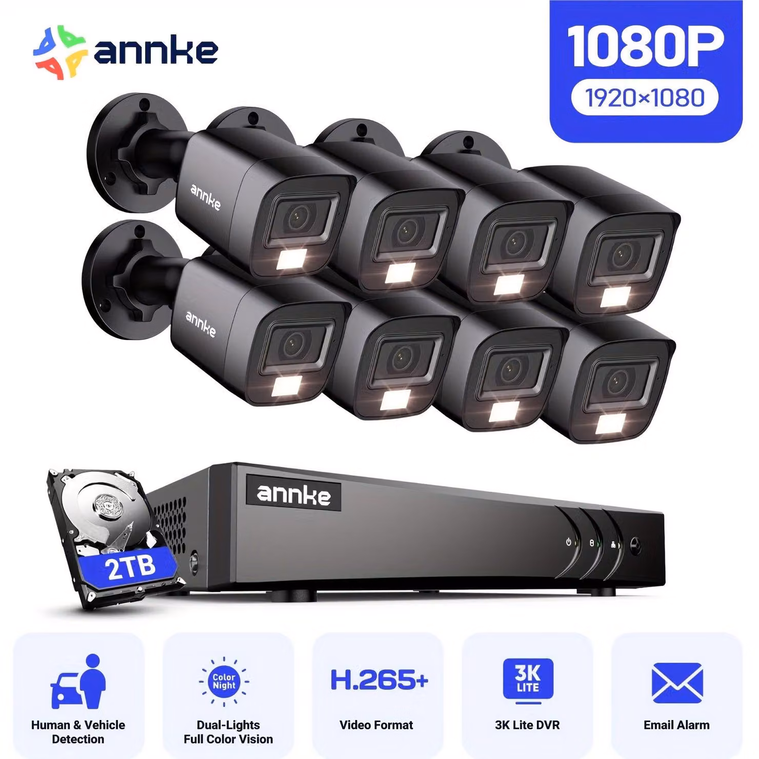 Kit di telecamere di sicurezza – Sistema di telecamere di sicurezza – Kit di telecamere CCTV – Videosorveglianza – Set di videosorveglianza – 8 telecamere 1080p con visione notturna – Sistema a 16 canali