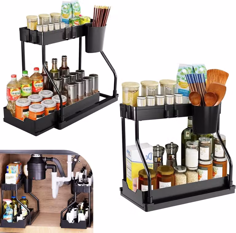Ripiano per cucina, 2 livelli, per lavello, con ganci e cassetti, organizer da pavimento