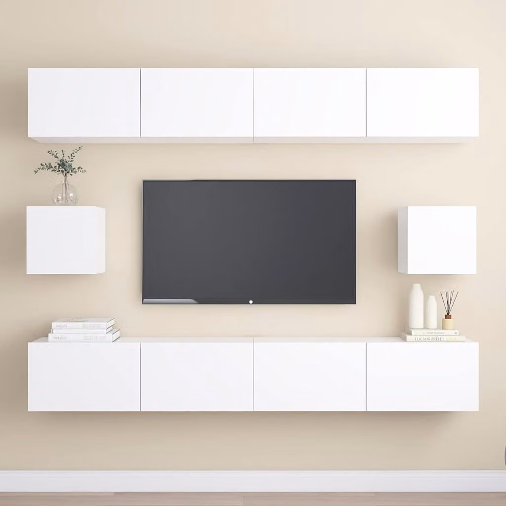 Set di mobili porta TV vidaXL composto da 6 pezzi in legno e MDF, colore bianco opaco, ideale per il tuo soggiorno moderno