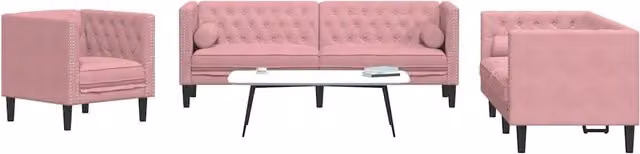 Set di Divani Chesterfield vidaXL in Velluto Rosa con Cuscini, composto da un Divano a 3 posti e un Divano a 2 posti con Struttura in Legno Solido – 1