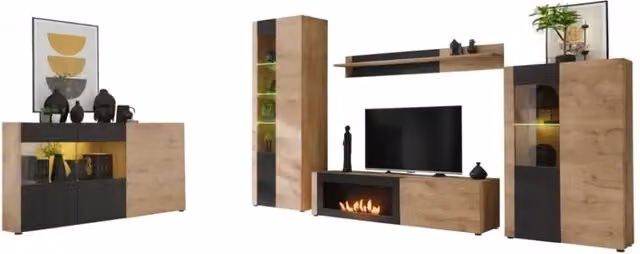 Set completo per salone Meublorama DOUM in stile industrial con buffet basso, vetrina, mobile TV con camino bio-etanolo, buffet alto e scaffale a muro, finitura rovere e nero – 1