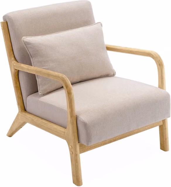 Poltrona scandinava Sweeek in legno e tessuto beige con braccioli – 1