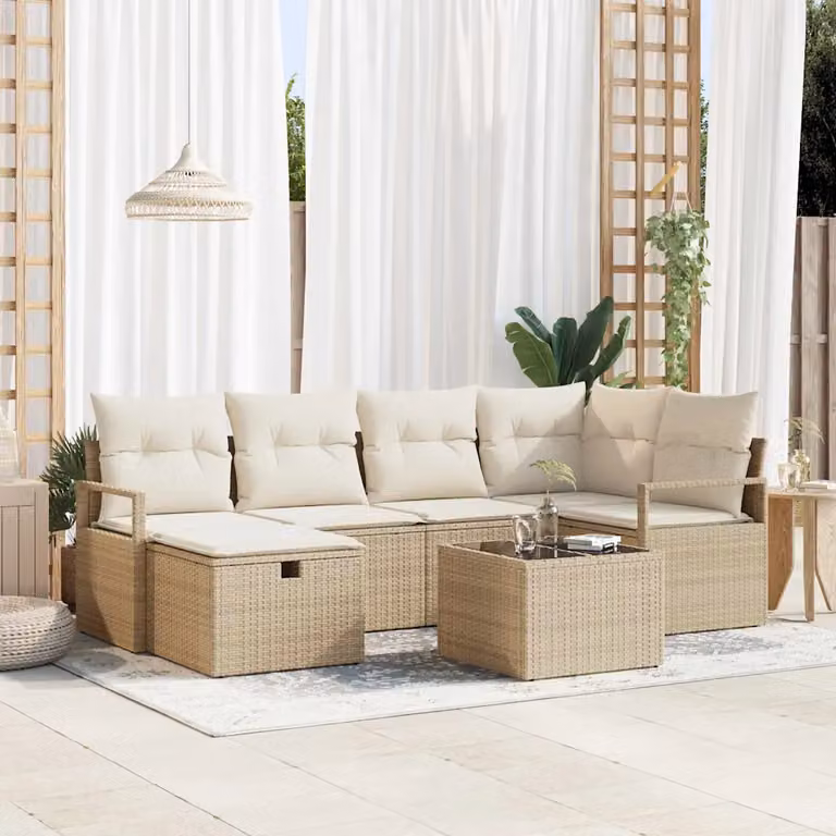 Set di divani da giardino vidaXL a forma di U con 7 pezzi, colore beige e crema, in rattan e metallo con cuscini inclusi