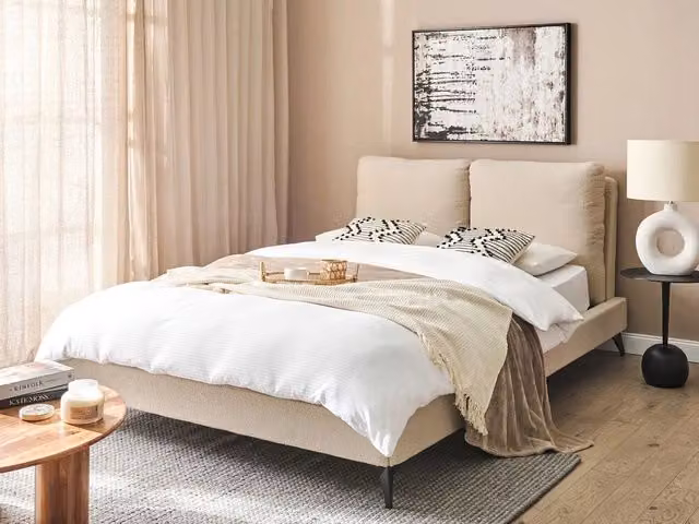 Letto imbottito moderno BELIANI in bouclé beige con rete a doghe in legno L/P: 140 x 200 cm – 1