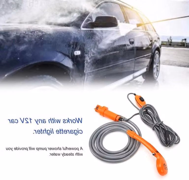Set portatile da esterno a 12V per auto, ideale per campeggio, viaggi e per la pulizia, completo di doccia manuale e pompa
