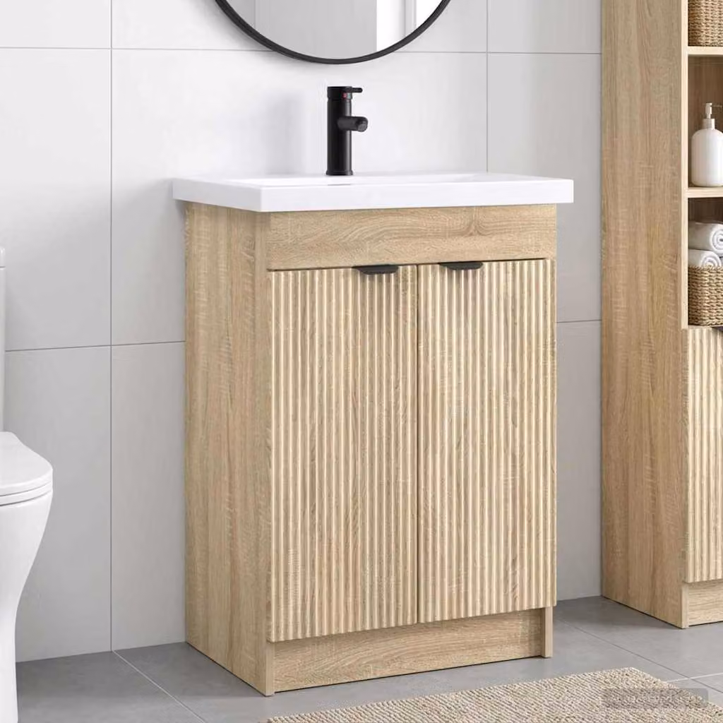 Set di mobili per il bagno moderno vidaXL in legno e metallo, colore marrone e nero, L: 78,5 cm, P: 37,5 cm, H: 81 cm