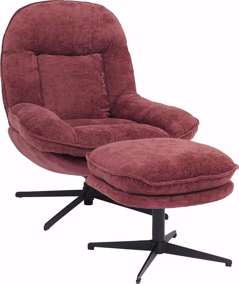 Poltrona reclinabile con sgabello MCW-P32, poltrona TV con sospensione nosag, girevole in metallo tessuto/tessuto ciniglia (370 g/m²) ~ berry