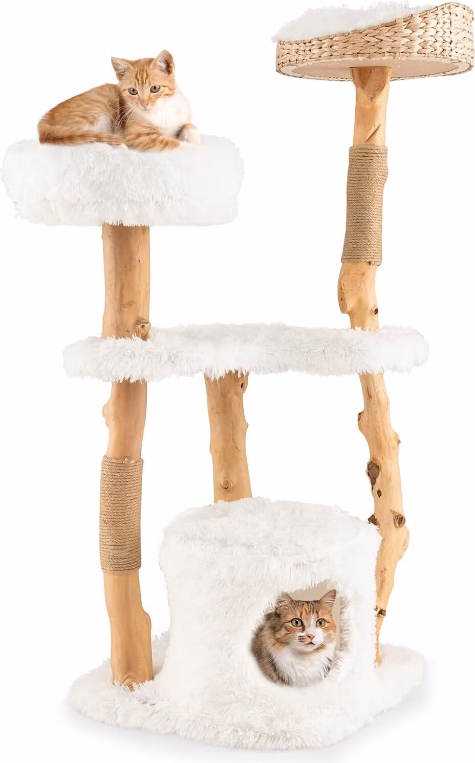 Tiragraffi in legno COSTWAY 124 cm, mobili per gatti in legno massiccio con grotta per gatti, sedile in peluche, piattaforma per sedersi e tiragraffi, tiragraffi per gatti bianco