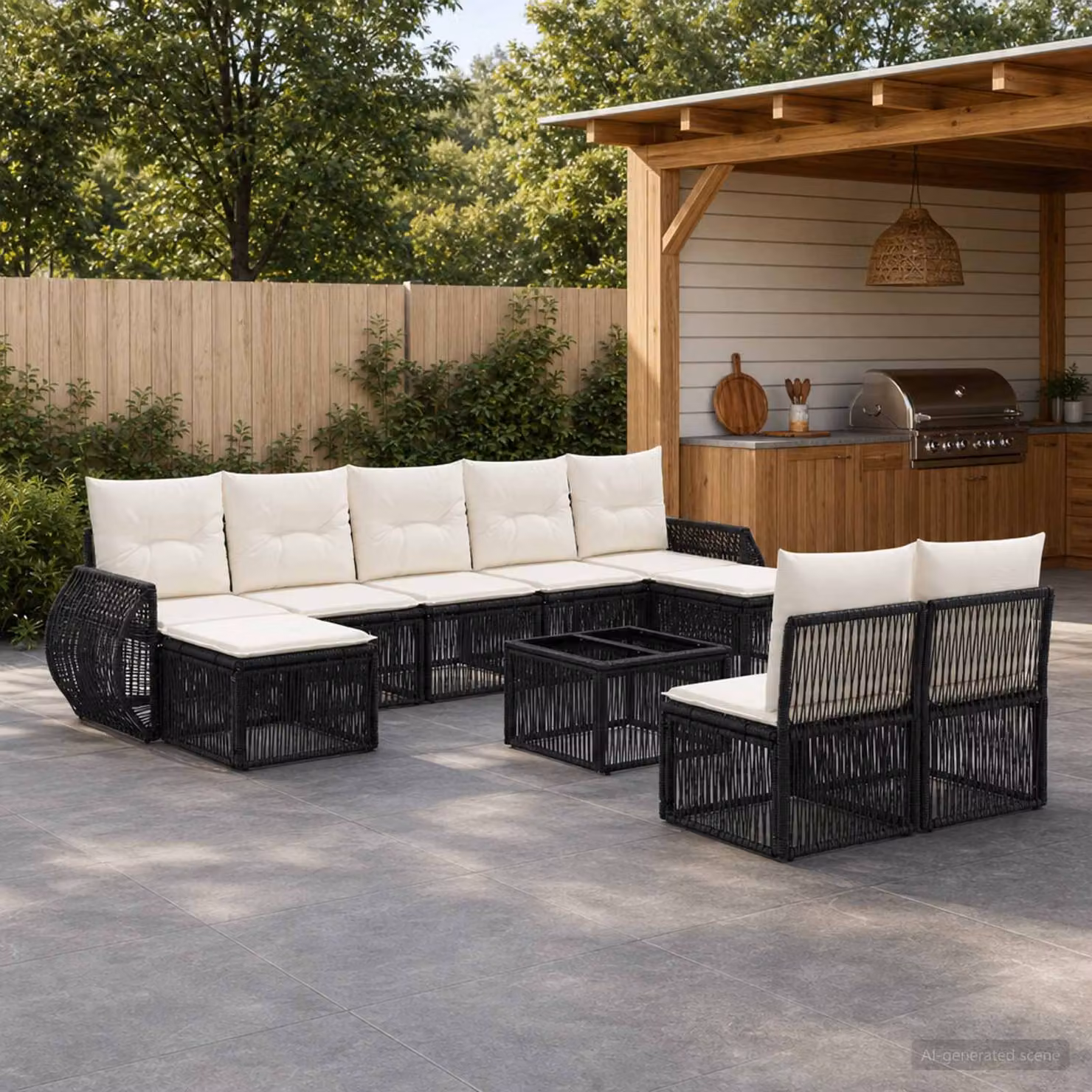 Set Divano da Giardino vidaXL 10 Pezzi a Forma di U in Polyrattan Nero e Bianco Crema con Cuscini e Tavolino